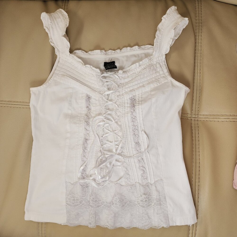 AZIZ White Lace-Up Y2K Romantic Victorian Cottagecore Top Women's Size S.